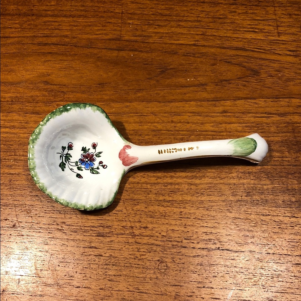 Vintage Ceramic Floral Serving Spoon - White, Green, Blue, Red